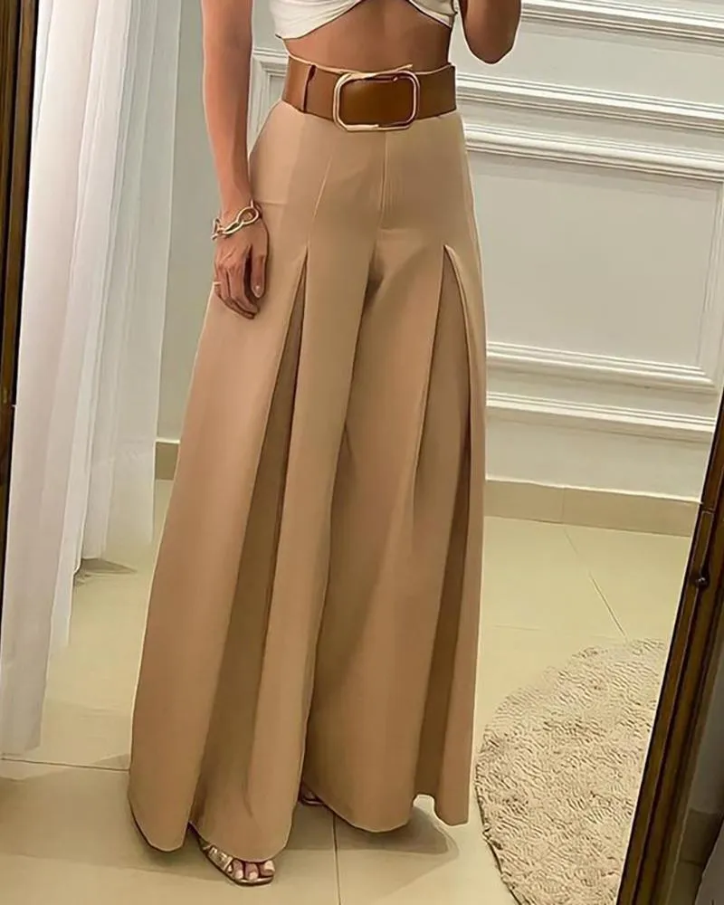 High Waisted Wide Leg Ruched Pants Without Belt