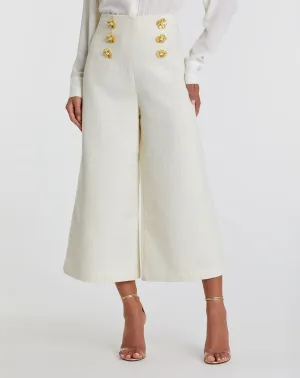 Ivory Tweed High Waisted Wide Leg Sailor Pant with Gold Buttons - FINAL SALE