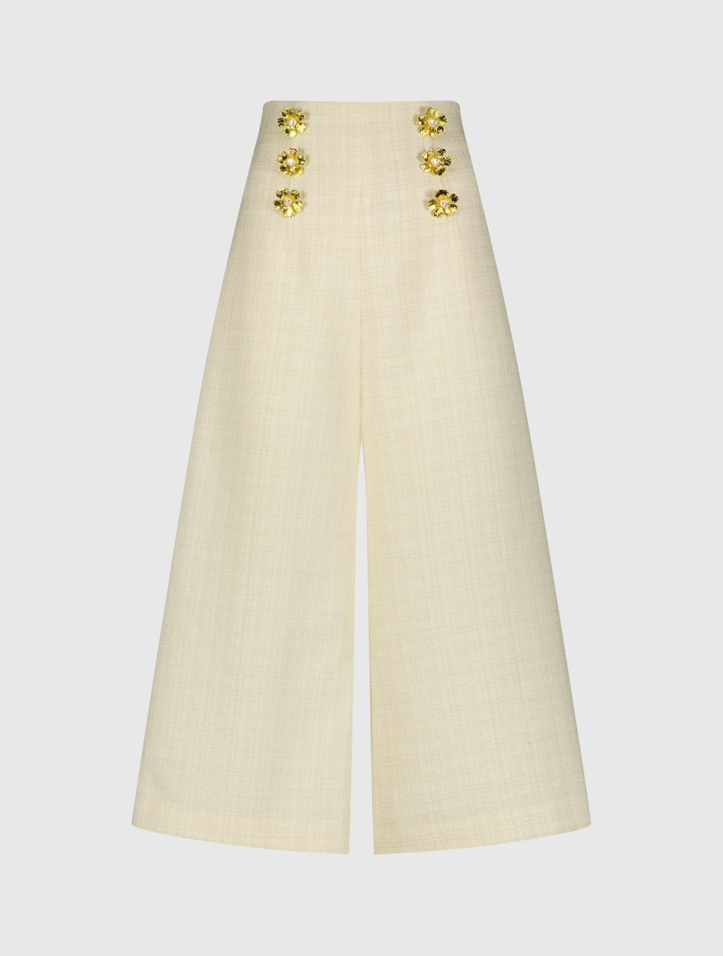 Ivory Tweed High Waisted Wide Leg Sailor Pant with Gold Buttons - FINAL SALE