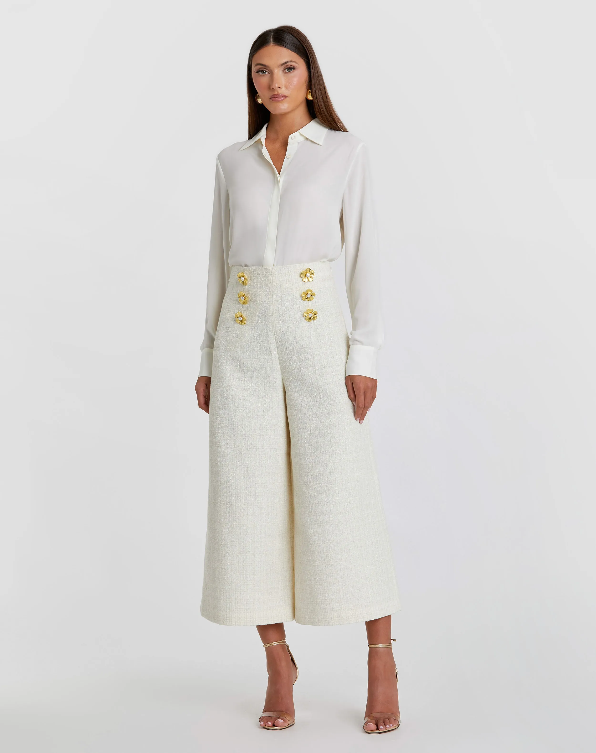 Ivory Tweed High Waisted Wide Leg Sailor Pant with Gold Buttons - FINAL SALE