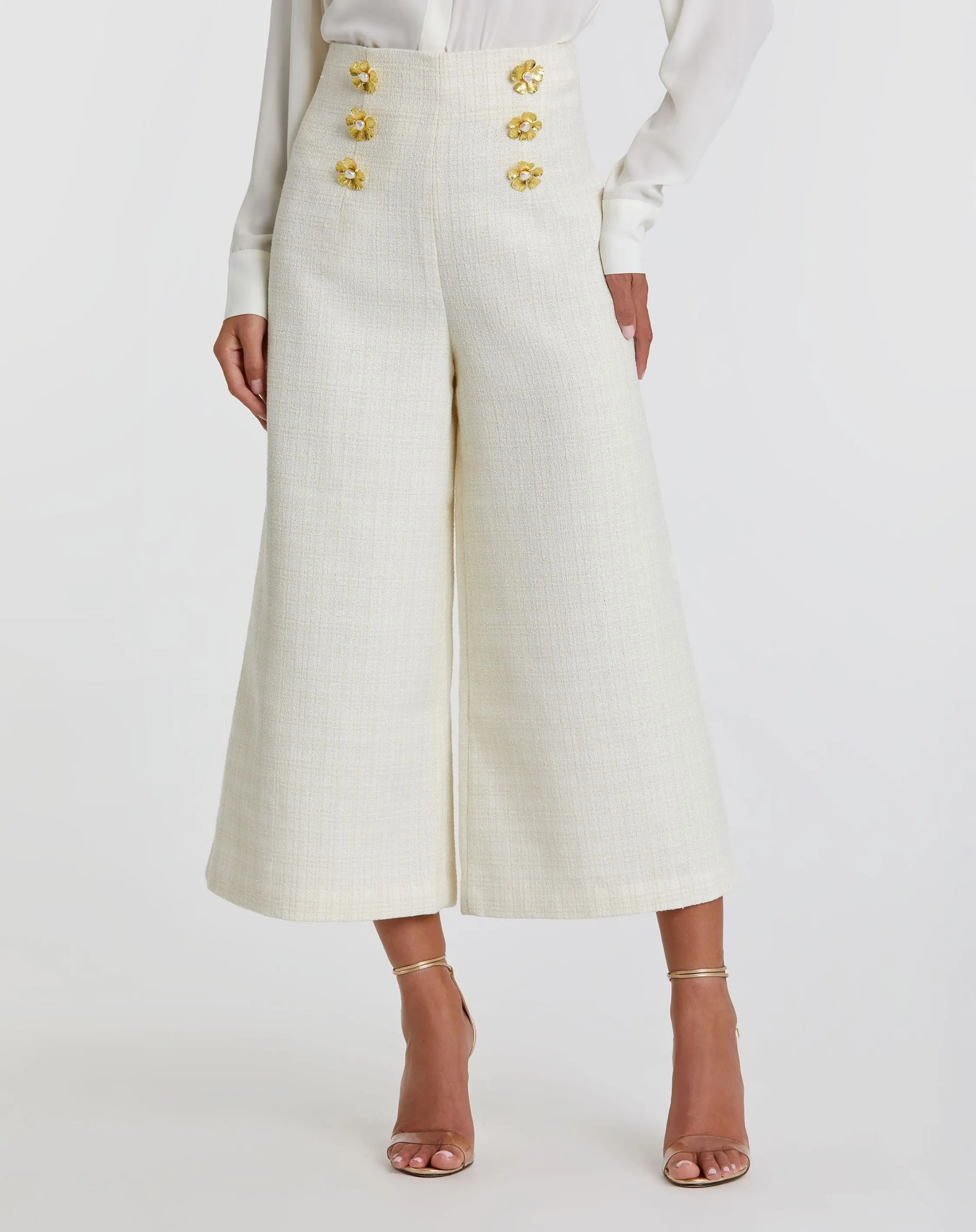 Ivory Tweed High Waisted Wide Leg Sailor Pant with Gold Buttons - FINAL SALE