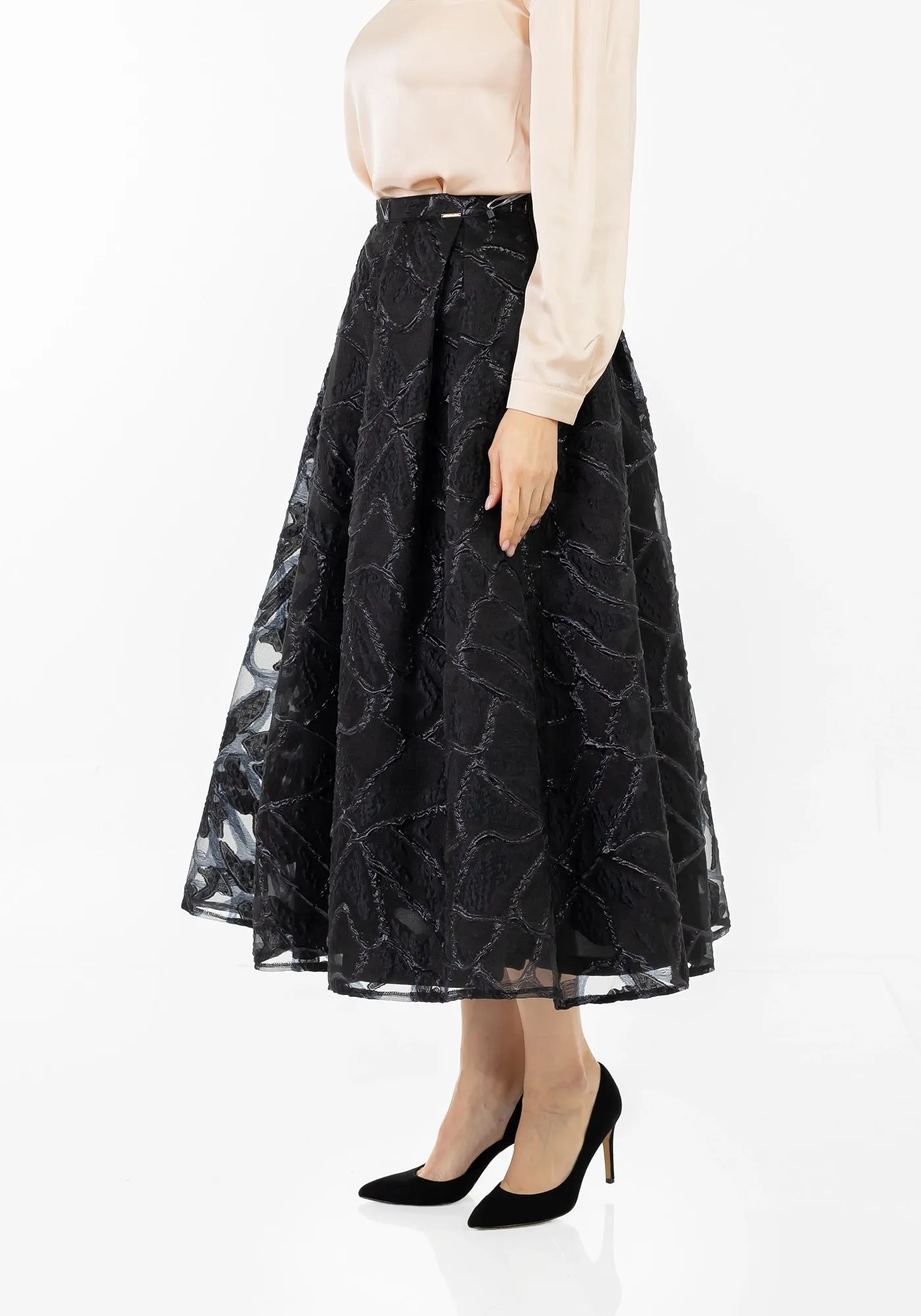 Jacquard Organza Flare Pleated Midi Skirt