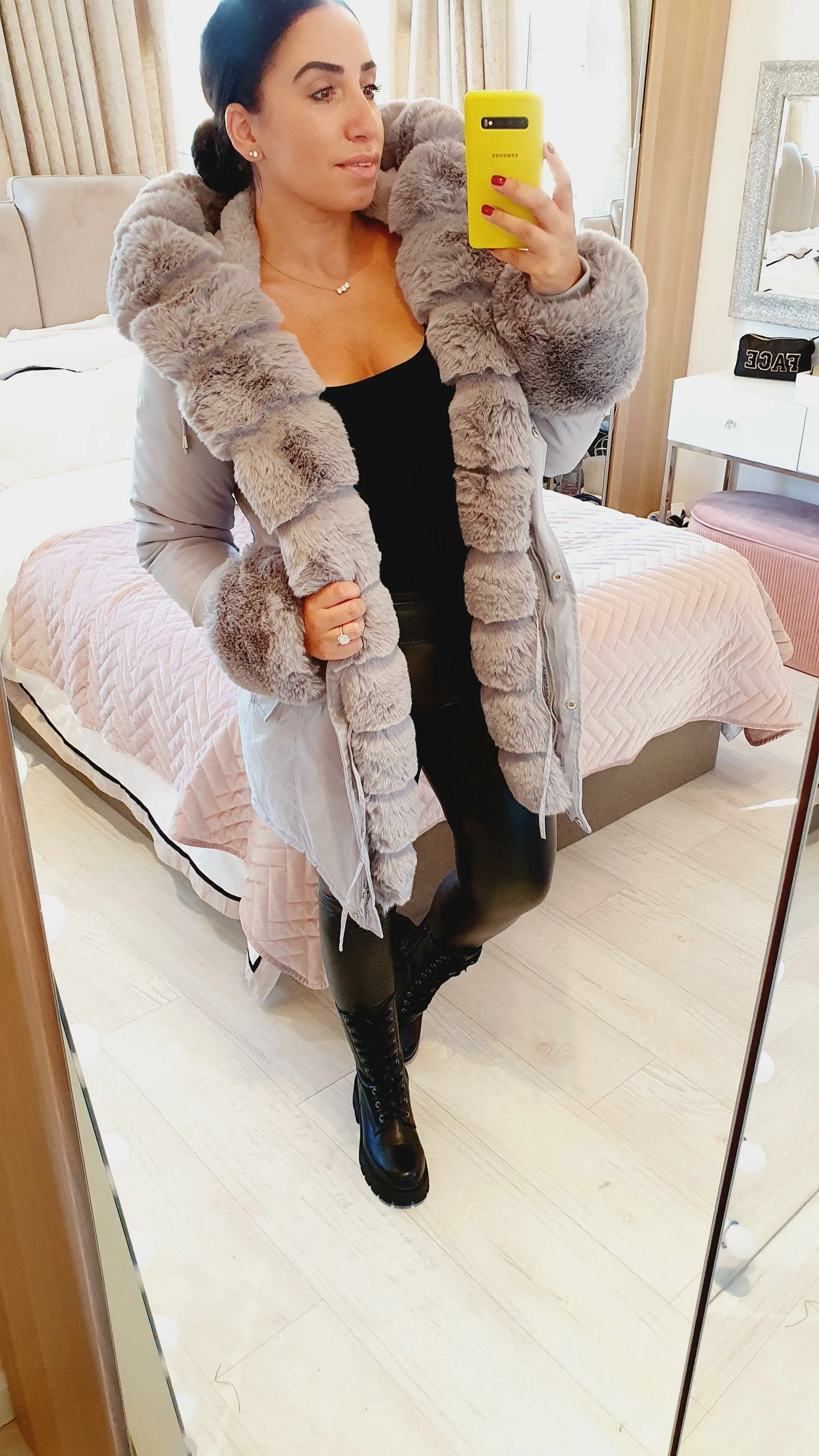 Jaya Grey Faux Fur Hooded Toggle Coat