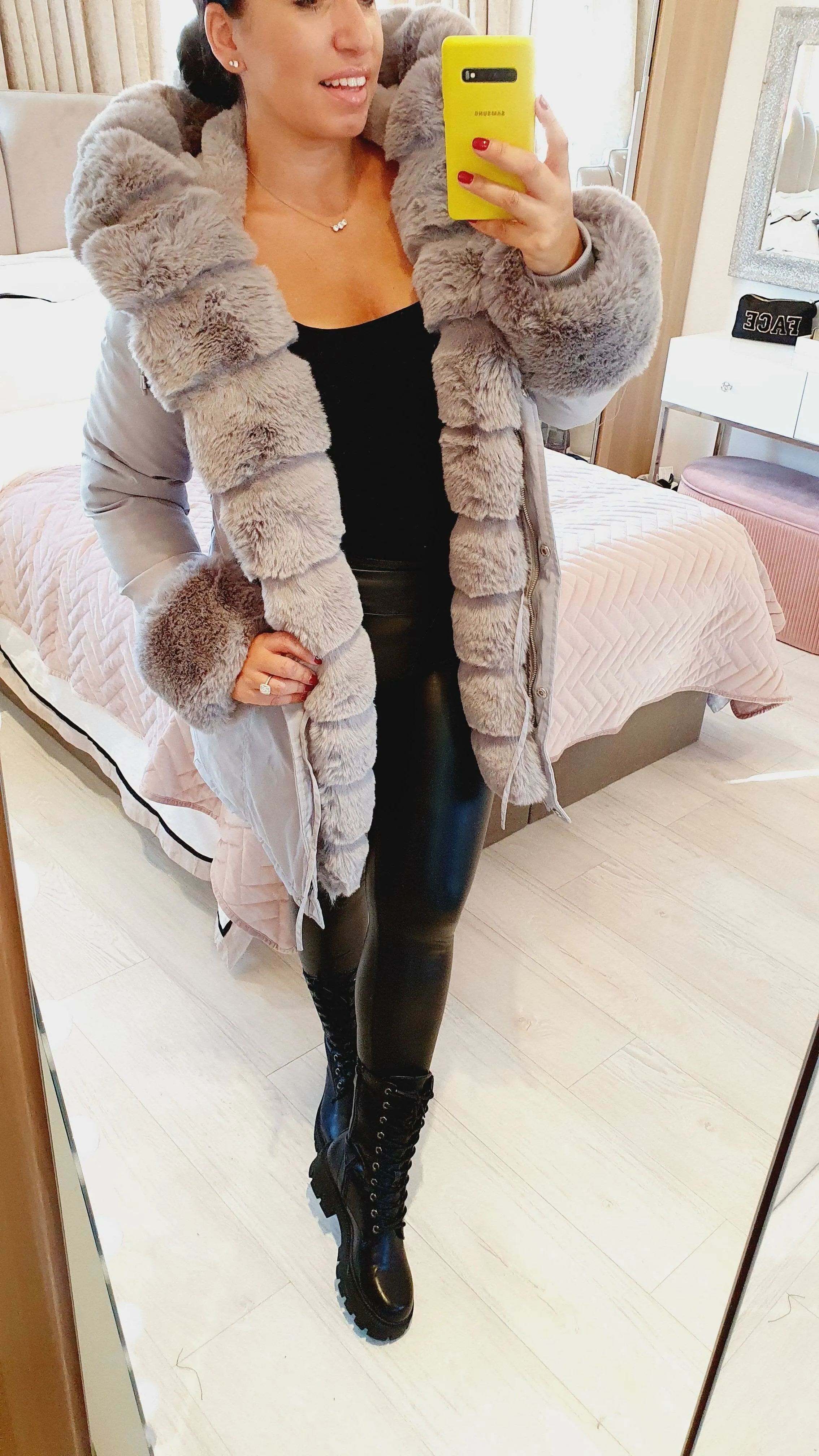 Jaya Grey Faux Fur Hooded Toggle Coat