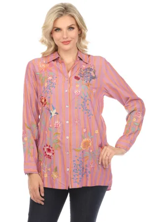 Johnny Was Workshop Stripe Indalo Button Down Shirt Tunic Top Boho Chic W28724