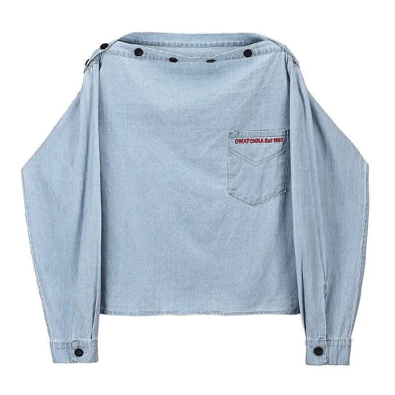 Joskaa Christmas Gift JMPRS  Sexy Off Shoulder Women Denim Shirts 2024 Spring Long Sleeve Letter Embroidery Jeans Blouse Streetwear Fashion Girls Tops