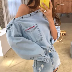 Joskaa Christmas Gift JMPRS  Sexy Off Shoulder Women Denim Shirts 2024 Spring Long Sleeve Letter Embroidery Jeans Blouse Streetwear Fashion Girls Tops