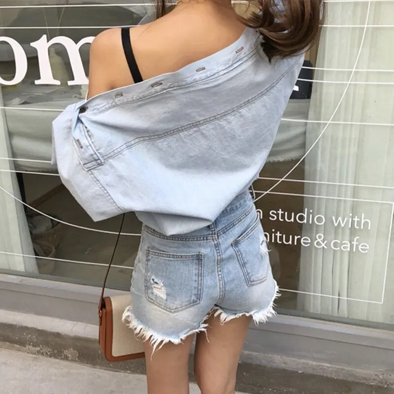 Joskaa Christmas Gift JMPRS  Sexy Off Shoulder Women Denim Shirts 2024 Spring Long Sleeve Letter Embroidery Jeans Blouse Streetwear Fashion Girls Tops