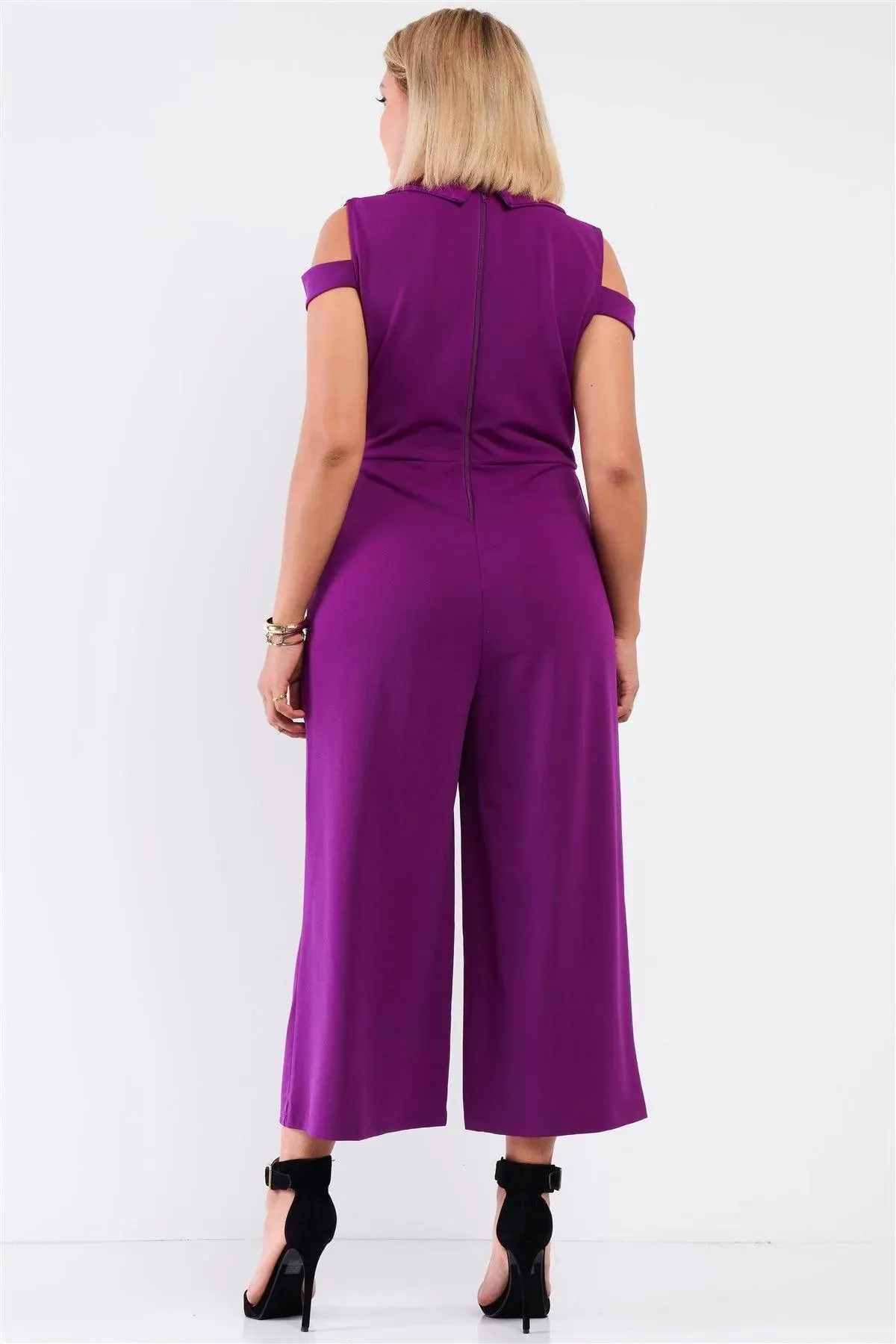 Junior Plus Magenta Sleeveless Collared Plunging V-Neck Wide Leg Jumpsuit /1-1-1