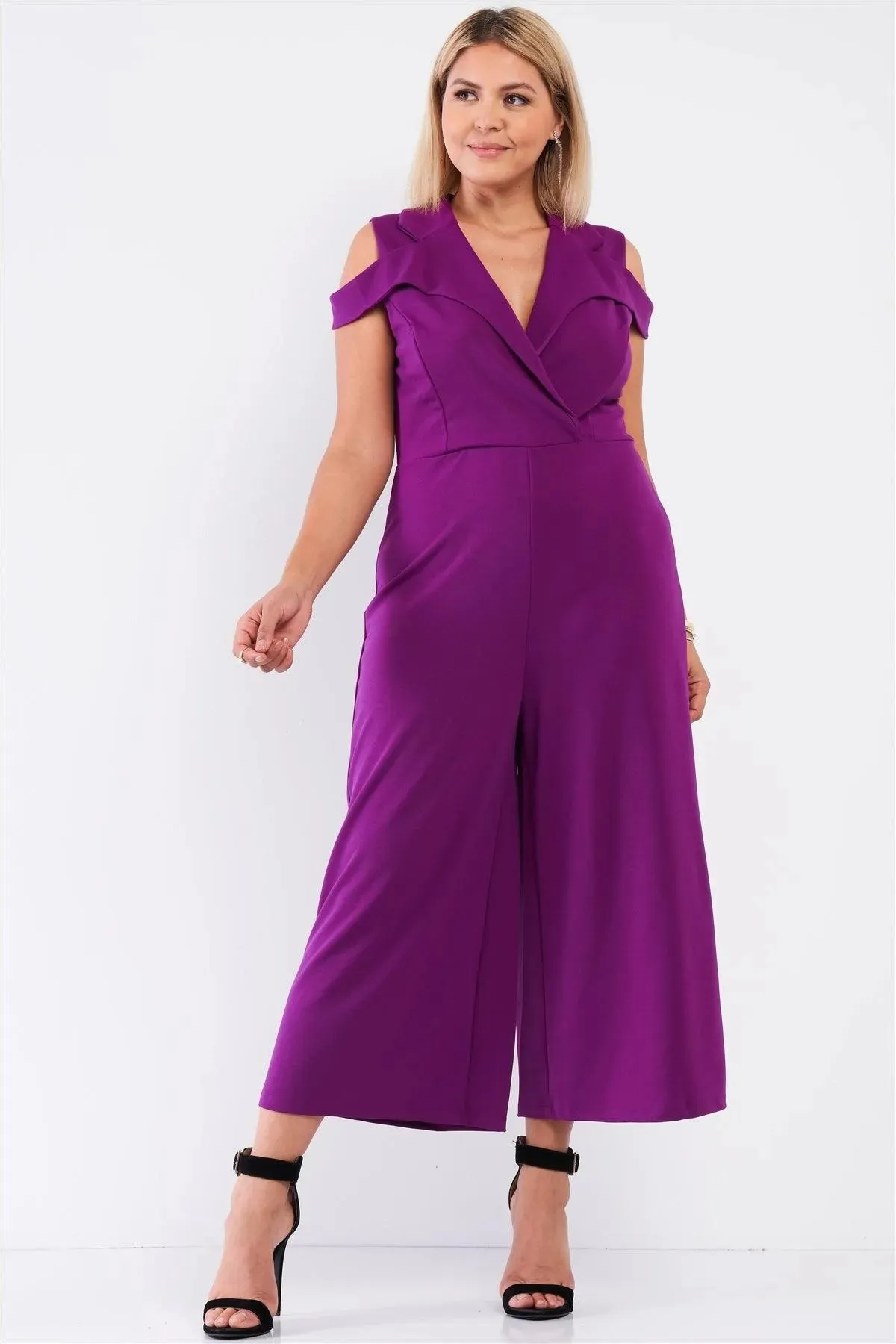 Junior Plus Magenta Sleeveless Collared Plunging V-Neck Wide Leg Jumpsuit /1-1-1