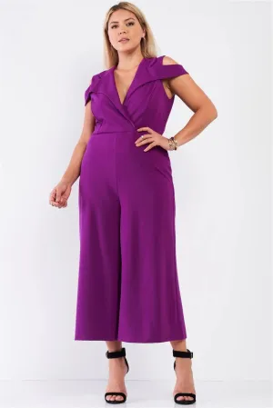 Junior Plus Magenta Sleeveless Collared Plunging V-Neck Wide Leg Jumpsuit /1-1-1
