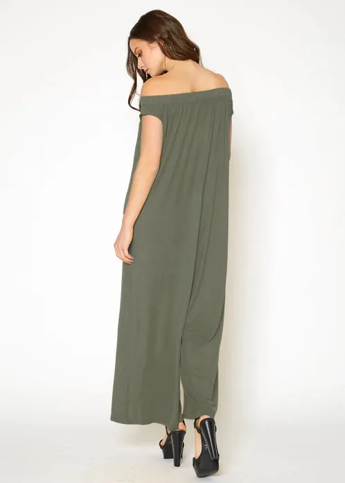 KNIT OFF SHOULDER WIDE LEG JUMPSUIT/Romper, Olive Green