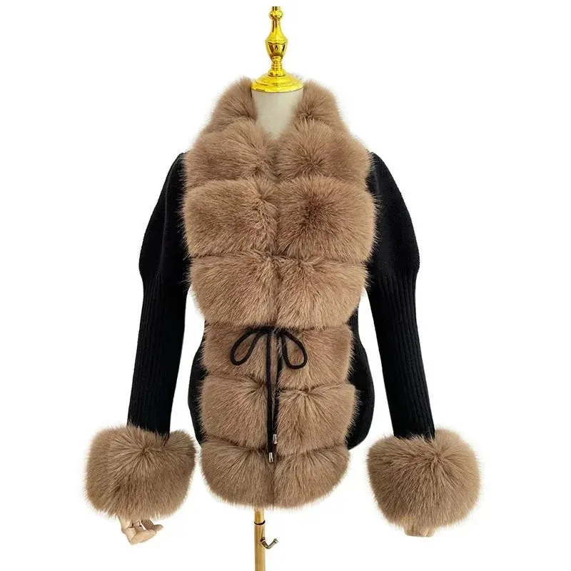 Knitted Detachable Collar Faux Fur Coats