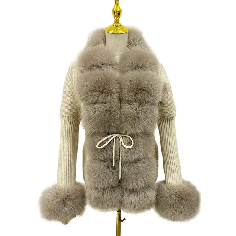 Knitted Detachable Collar Faux Fur Coats