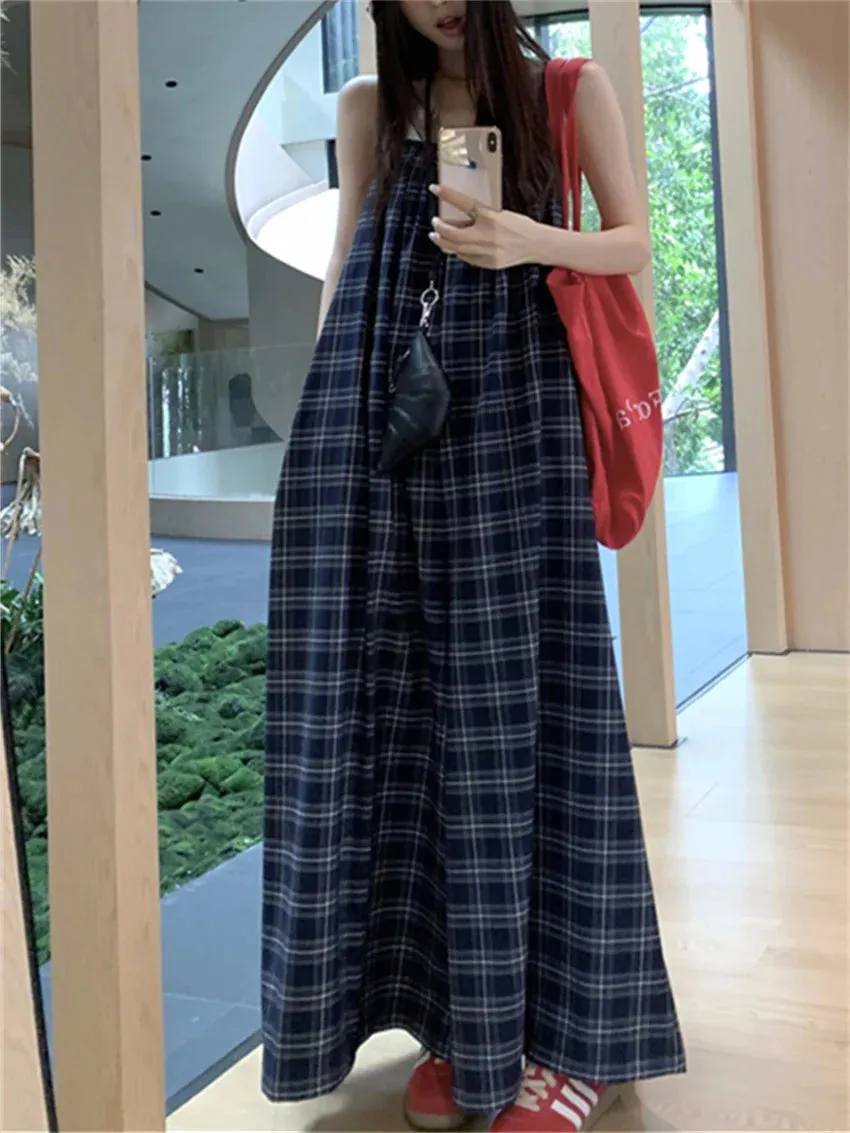 KYLETHOMASW  -   Korea Vintage Women Rompers Chic Summer Plaid New 2024 Office Lady High Street Sleeveless Casual Wide Leg Jumpsuits
