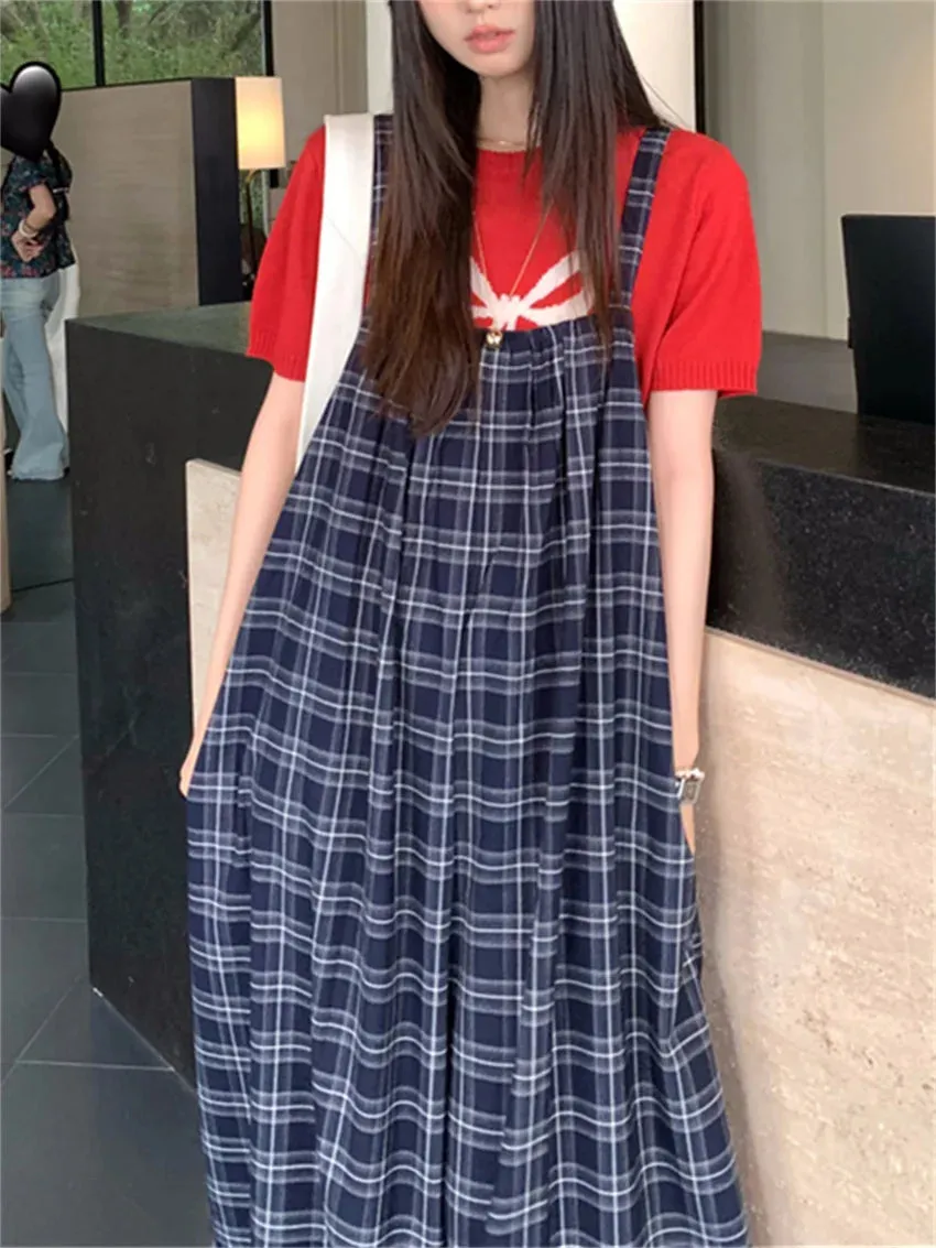 KYLETHOMASW  -   Korea Vintage Women Rompers Chic Summer Plaid New 2024 Office Lady High Street Sleeveless Casual Wide Leg Jumpsuits