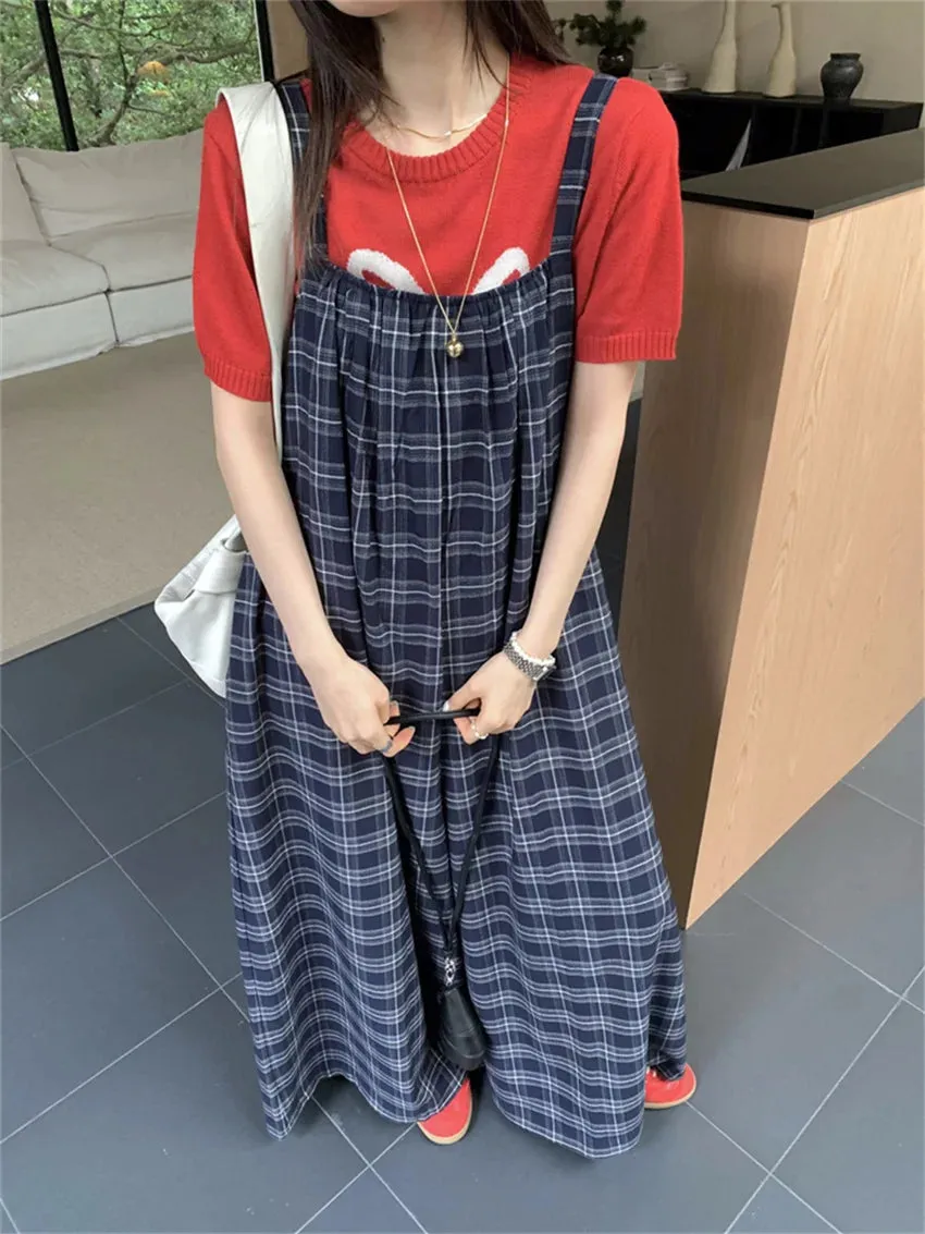 KYLETHOMASW  -   Korea Vintage Women Rompers Chic Summer Plaid New 2024 Office Lady High Street Sleeveless Casual Wide Leg Jumpsuits