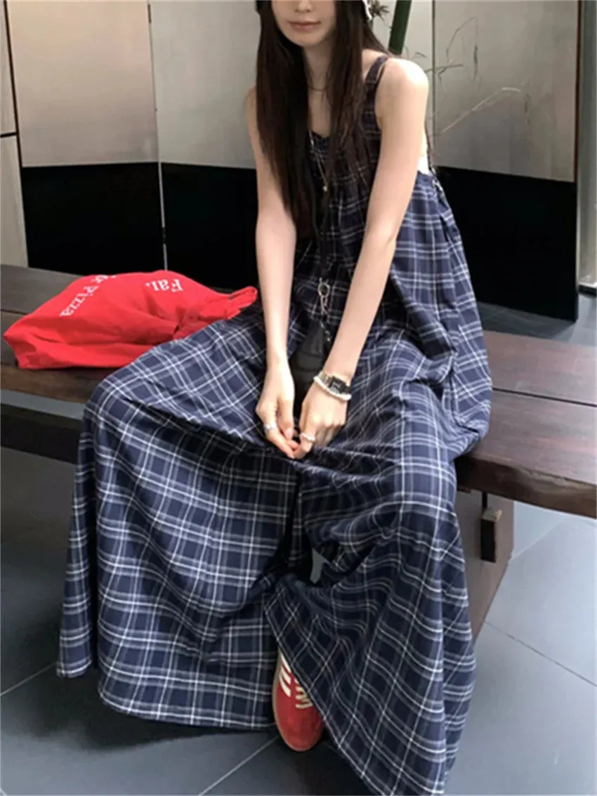 KYLETHOMASW  -   Korea Vintage Women Rompers Chic Summer Plaid New 2024 Office Lady High Street Sleeveless Casual Wide Leg Jumpsuits