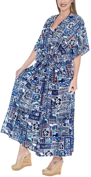LA LEELA Lounge Caftan Likre Printed Resort Wear Kaftan Blouse Beach Dress Designer Cover ups Blue_M689
