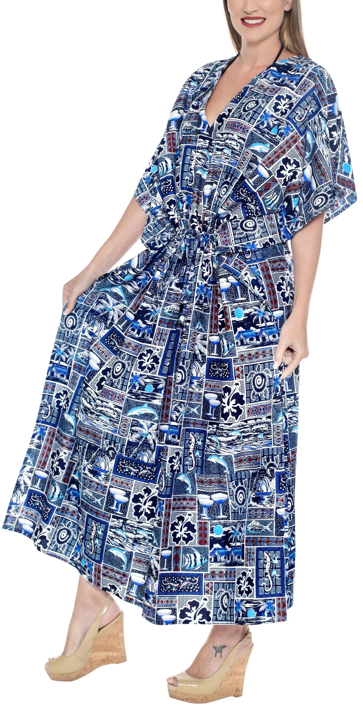LA LEELA Lounge Caftan Likre Printed Resort Wear Kaftan Blouse Beach Dress Designer Cover ups Blue_M689