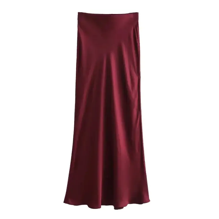 Ladies Solid Color Satin Midi Skirt