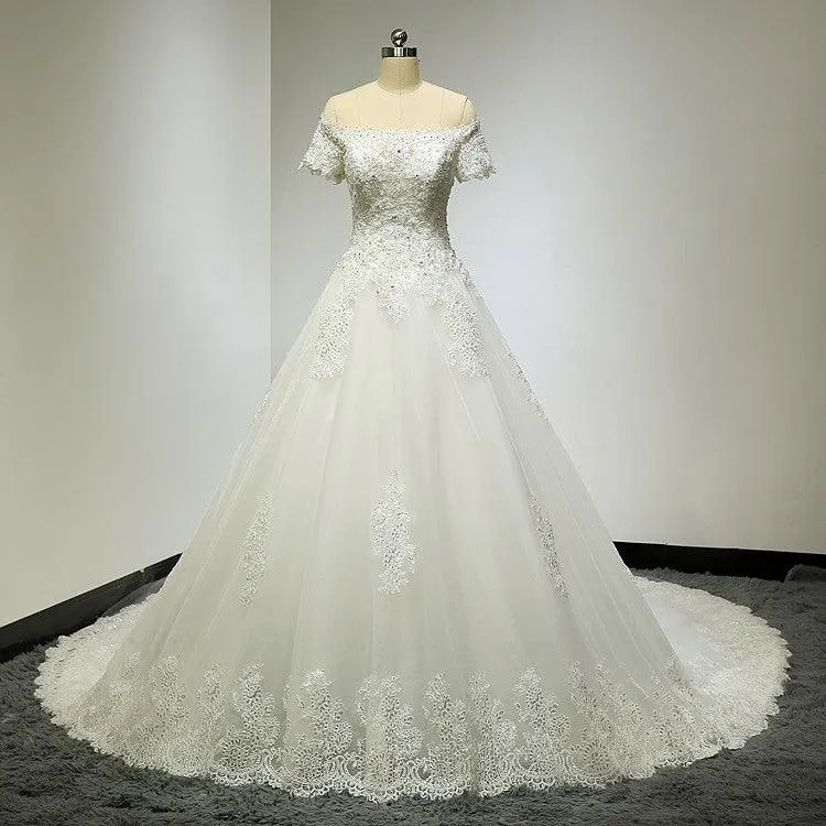 Large Tail Diamond Wedding Short Sleeved Lace High-end Wedding Band TN0033