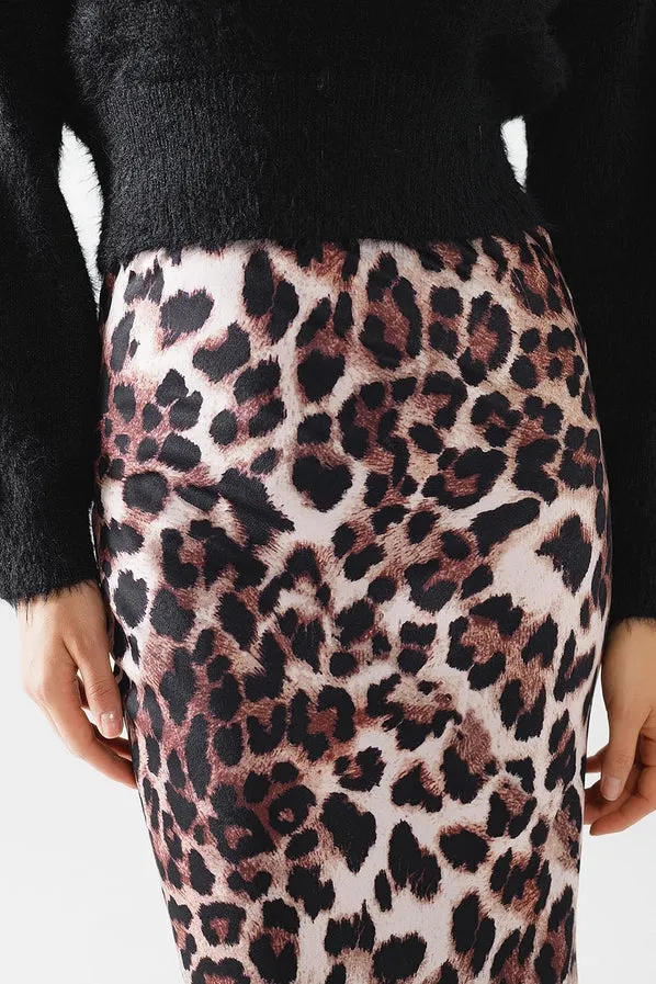 Leopard Print Satin Midi Skirt