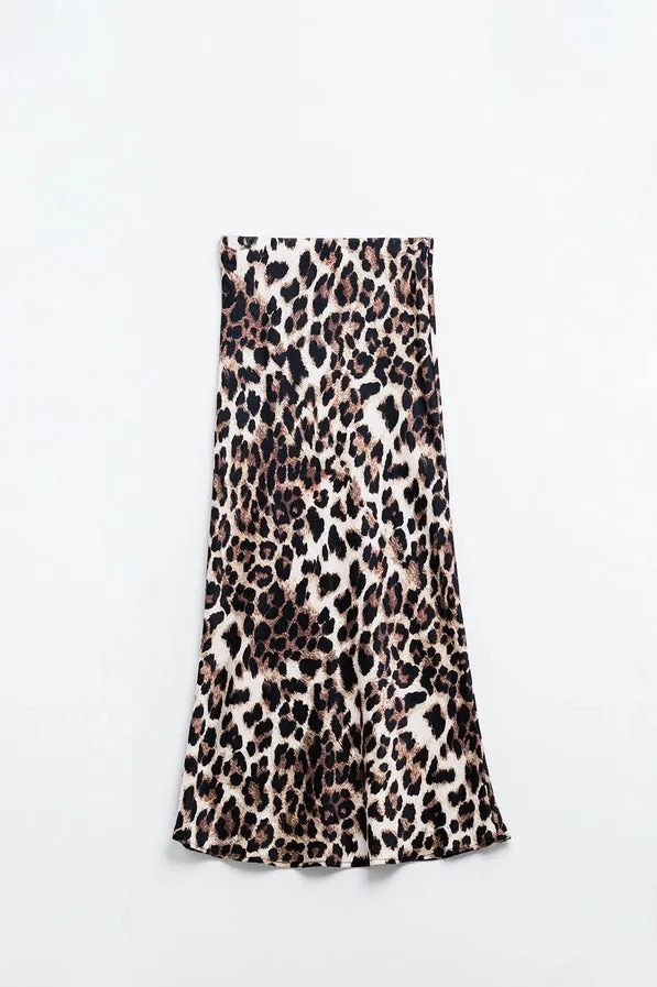 Leopard Print Satin Midi Skirt