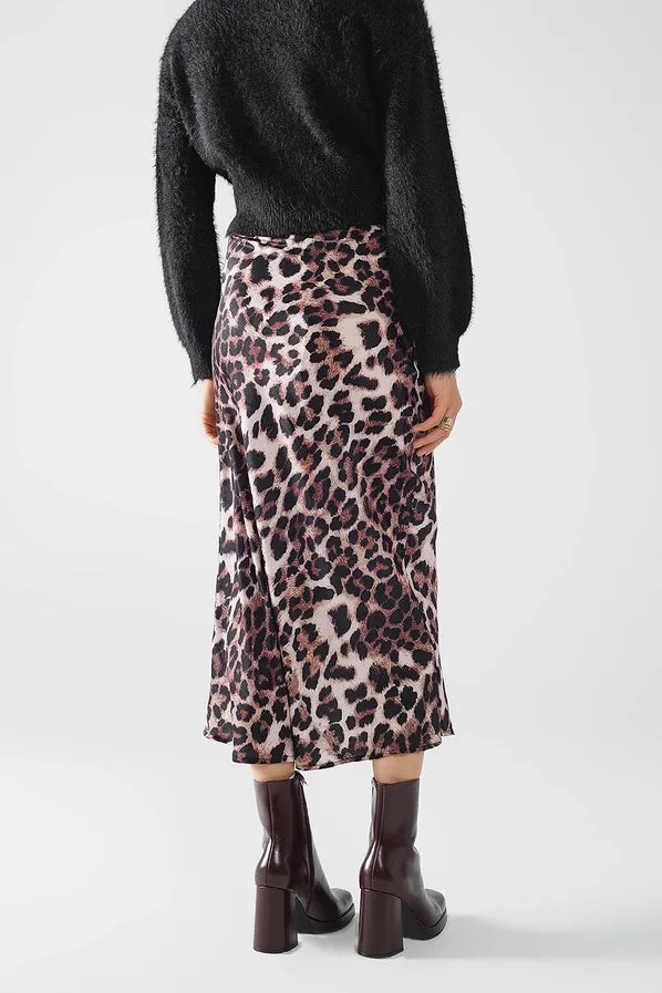 Leopard Print Satin Midi Skirt