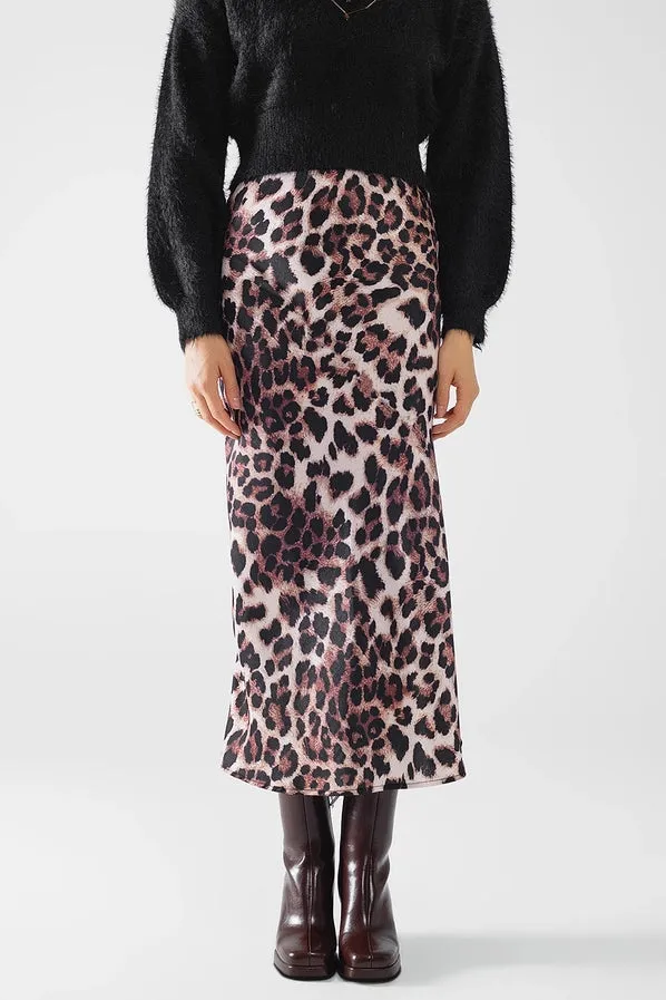Leopard Print Satin Midi Skirt