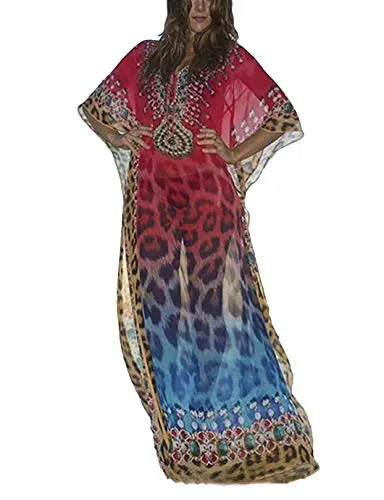 Leopard Print V-Neck Chiffon Swimsuit Cover-Up Maxi Dress