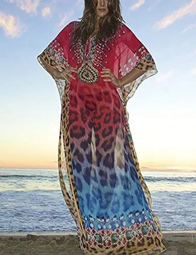 Leopard Print V-Neck Chiffon Swimsuit Cover-Up Maxi Dress