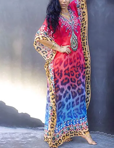 Leopard Print V-Neck Chiffon Swimsuit Cover-Up Maxi Dress