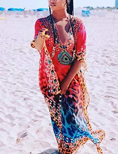 Leopard Print V-Neck Chiffon Swimsuit Cover-Up Maxi Dress