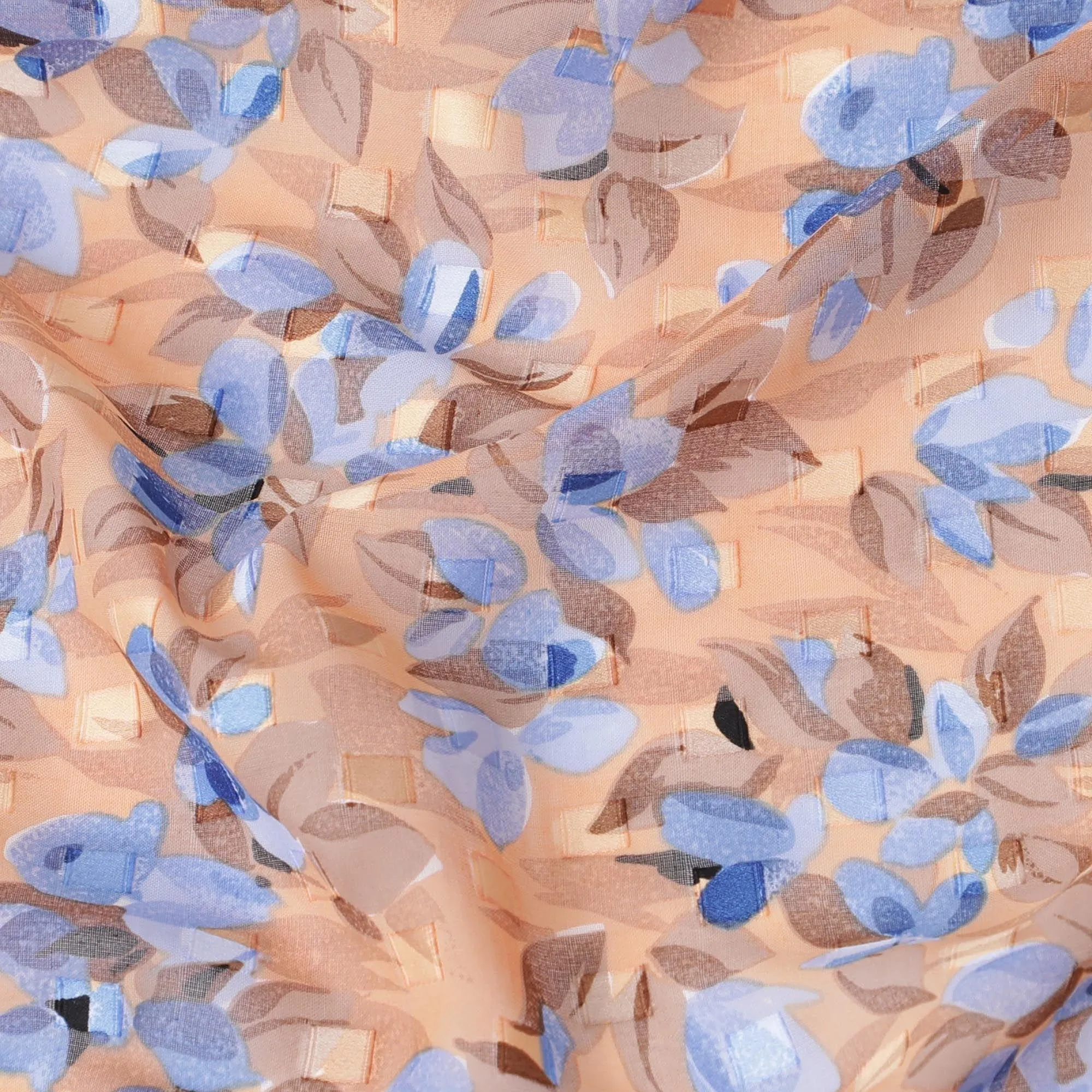 Light peach Swiss cotton voile fabric with baby blue, Peru brown and black floral print having clip cord design-D6773