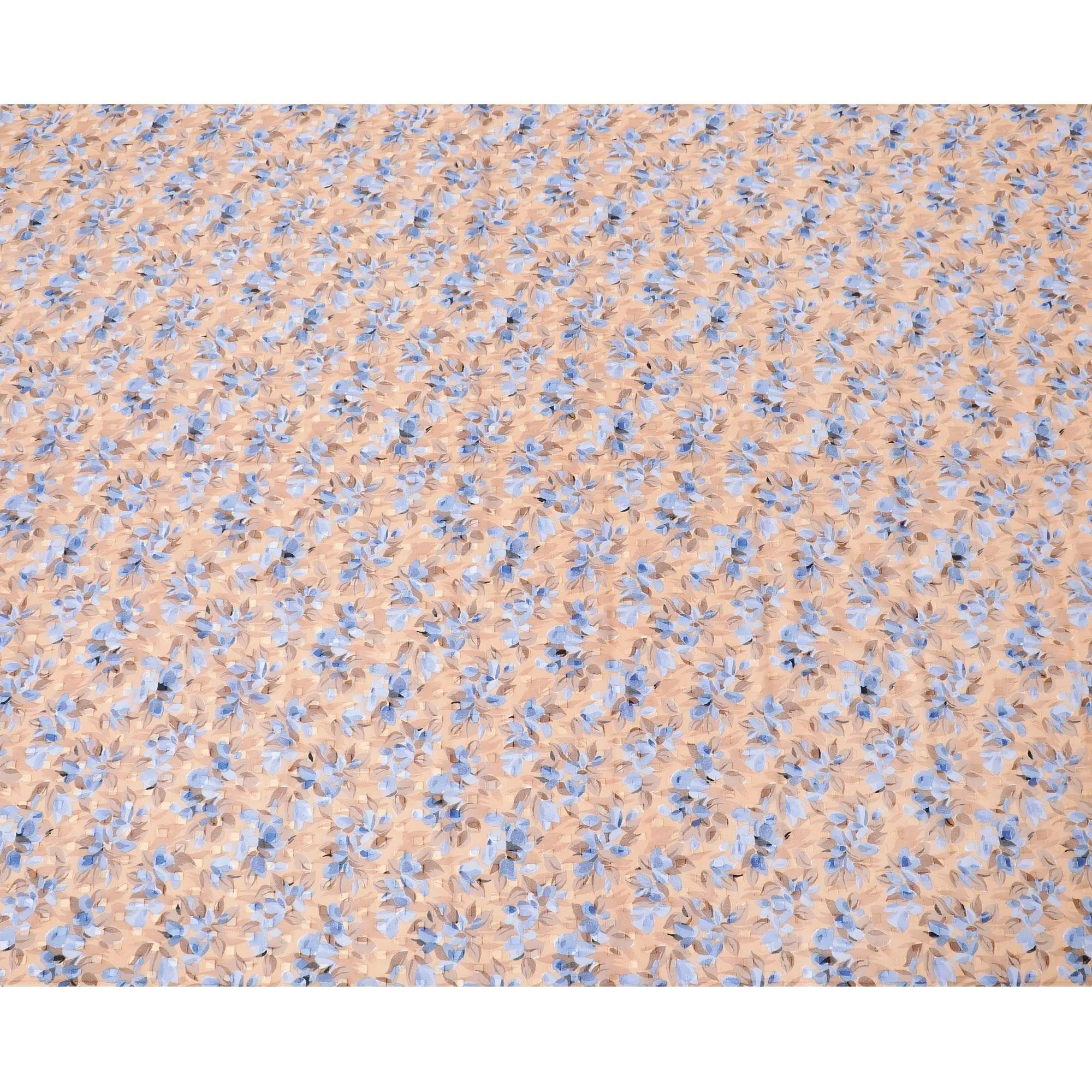 Light peach Swiss cotton voile fabric with baby blue, Peru brown and black floral print having clip cord design-D6773