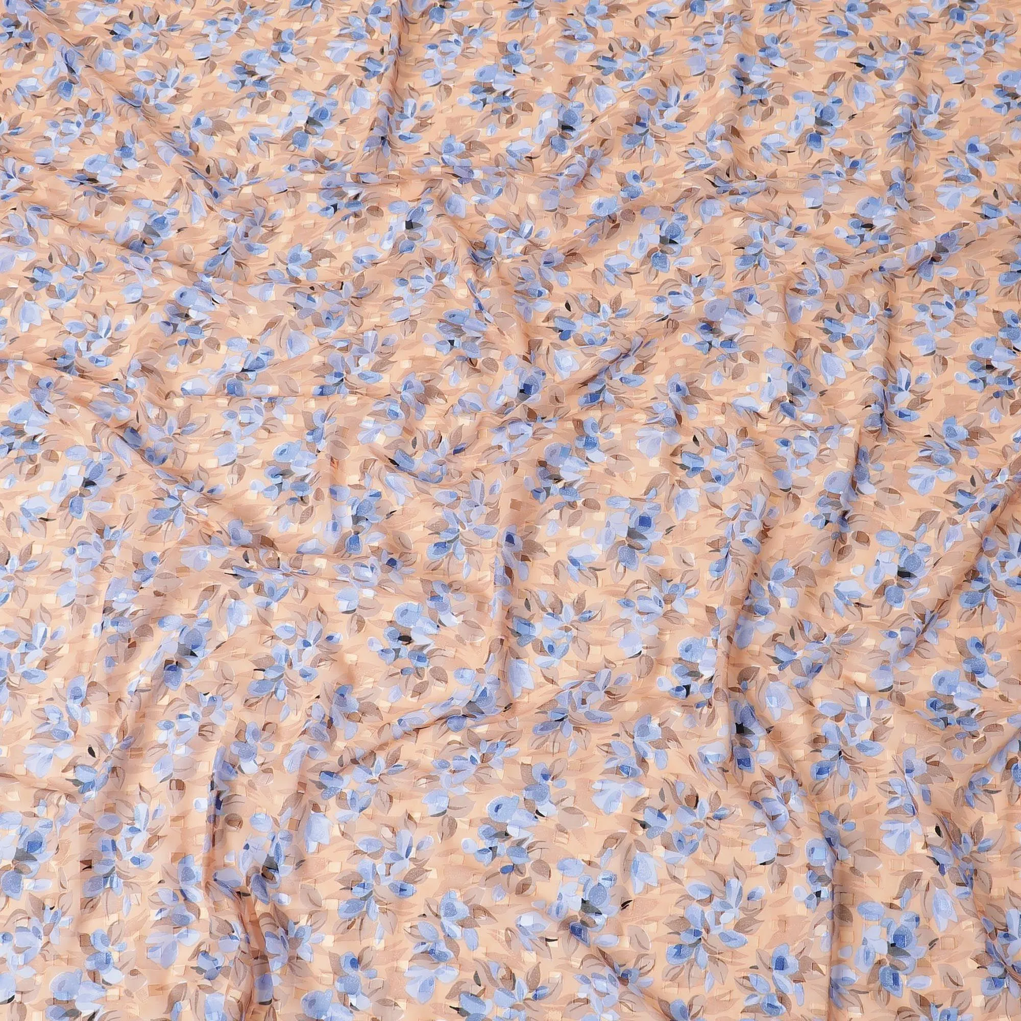 Light peach Swiss cotton voile fabric with baby blue, Peru brown and black floral print having clip cord design-D6773