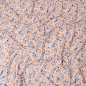 Light peach Swiss cotton voile fabric with baby blue, Peru brown and black floral print having clip cord design-D6773
