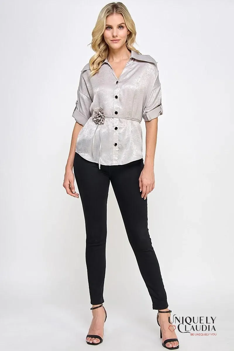 Liz Button-Down Blouse with Rosette Sash