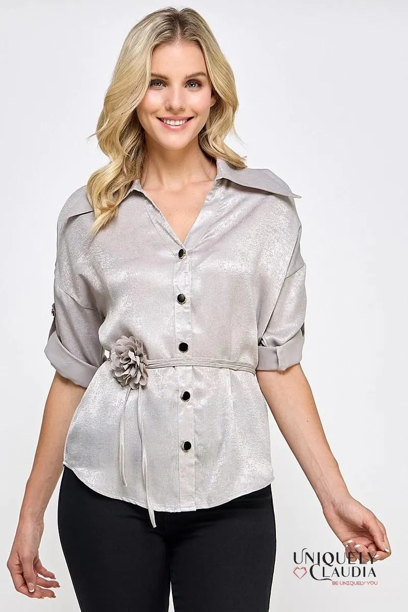 Liz Button-Down Blouse with Rosette Sash