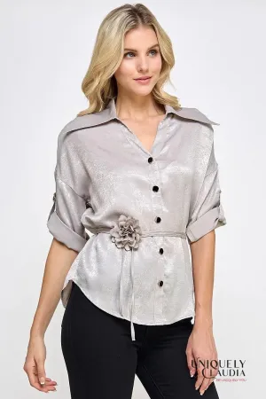 Liz Button-Down Blouse with Rosette Sash