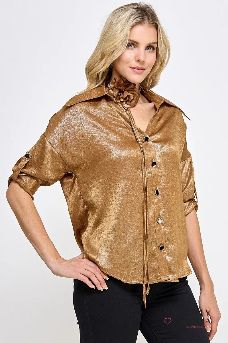 Liz Button-Down Blouse with Rosette Sash