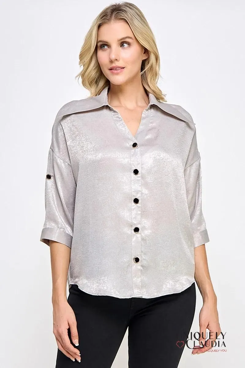 Liz Button-Down Blouse with Rosette Sash