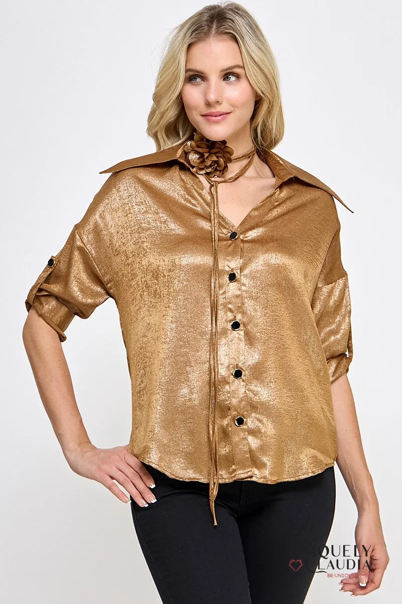 Liz Button-Down Blouse with Rosette Sash