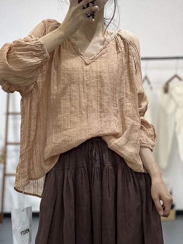 Long Sleeves Loose Pleated Solid Color V-Neck Blouses&Shirts Tops