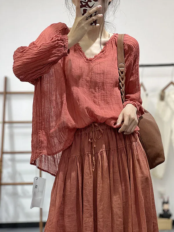 Long Sleeves Loose Pleated Solid Color V-Neck Blouses&Shirts Tops