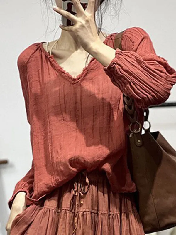Long Sleeves Loose Pleated Solid Color V-Neck Blouses&Shirts Tops
