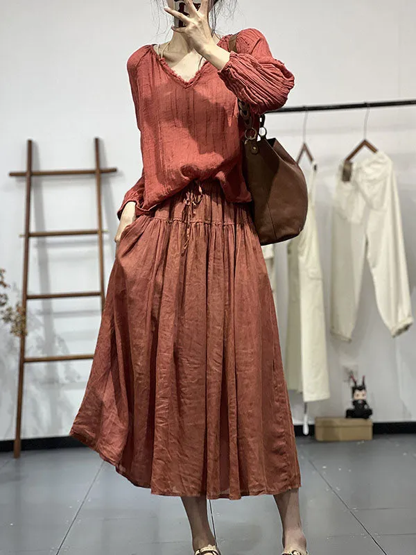 Long Sleeves Loose Pleated Solid Color V-Neck Blouses&Shirts Tops