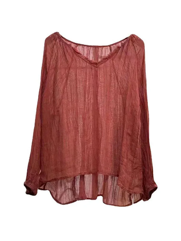 Long Sleeves Loose Pleated Solid Color V-Neck Blouses&Shirts Tops