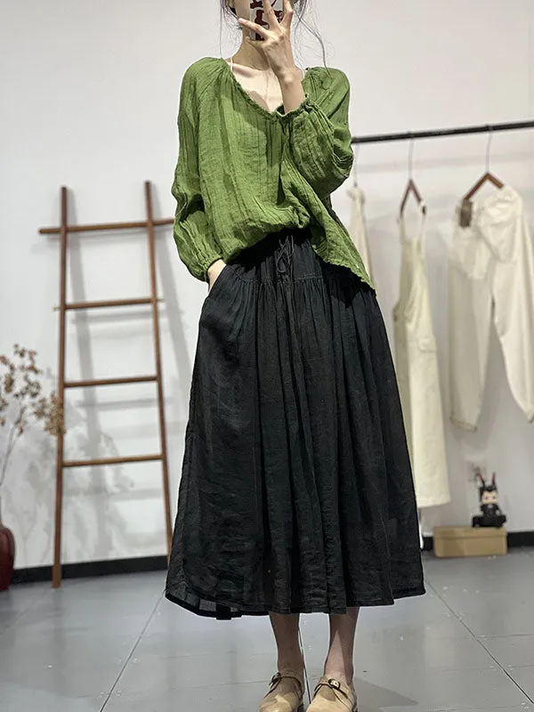Long Sleeves Loose Pleated Solid Color V-Neck Blouses&Shirts Tops